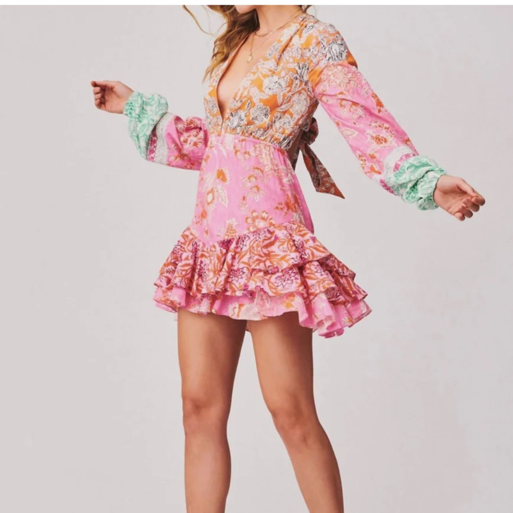 HEMANT AND NANDITA Hera Long Sleeve Tie Back Dress In Orange/pink